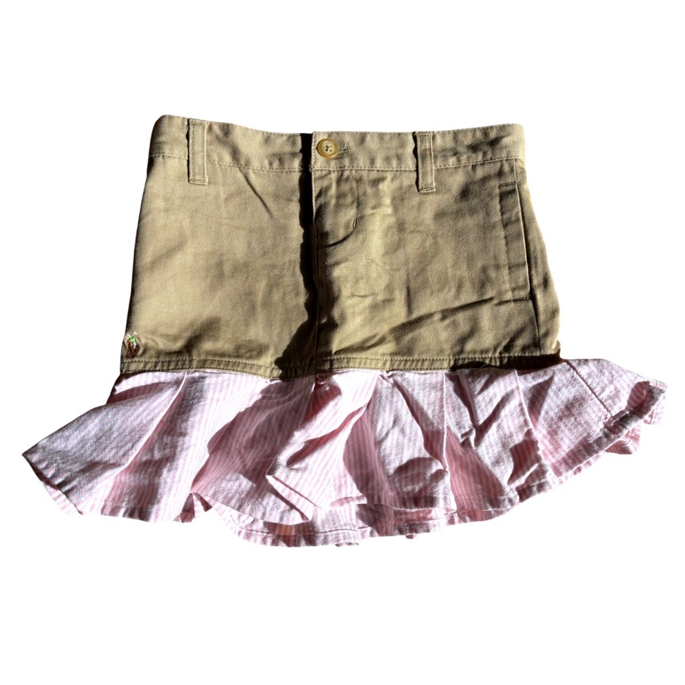 Ralph Lauren Girls Khaki Pink Seersucker Ruffle Skort Size 6 Pony Logo Classic